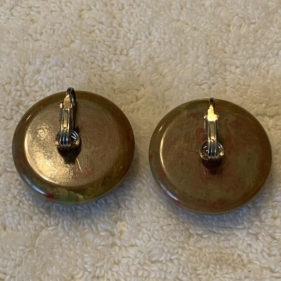 Vintage Bakelite Button Clip On Earrings 1" Marbled Brown Green Red Swirl Tested - Picture 4 of 8